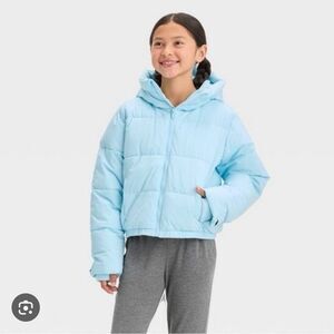 All in Motion Girls Blue Short Puffer Jacket M(8) NWT Wind & Water Resistant Zip